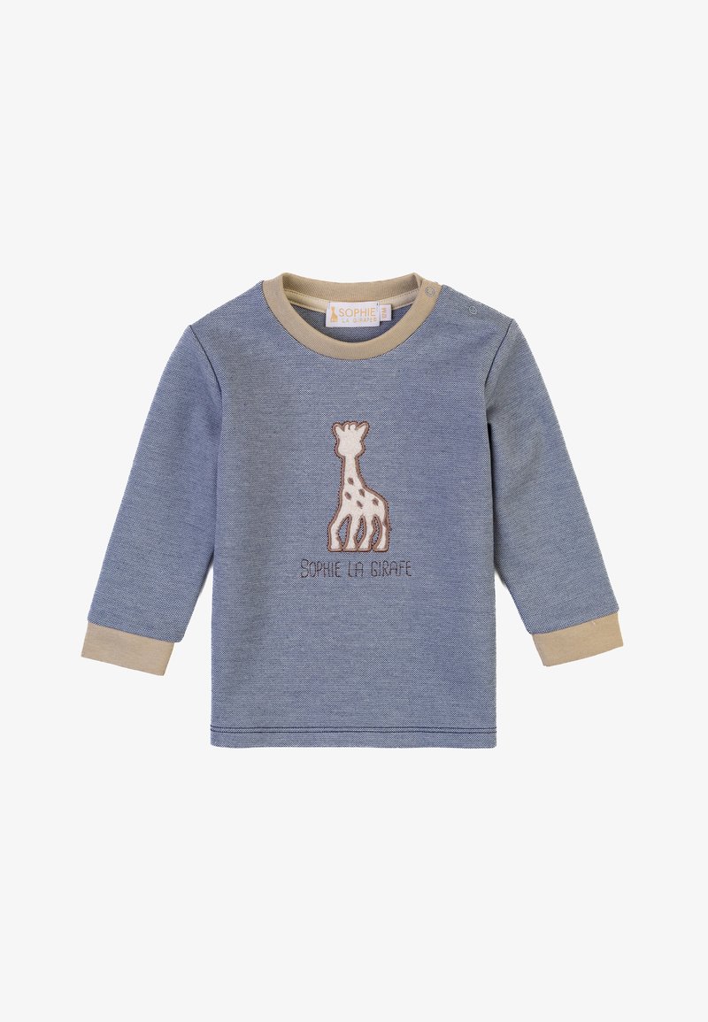 Blaues Langarmshirt mit beigen Bündchen, mit einem gestickten Giraffendesign und dem Text "SOPHIE LA GIRAFFE" darunter. Aus weichem Baumwollmaterial.