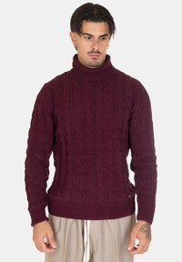 Maglione a collo alto in punto treccia borgogna con polsini e fondo a costine, realizzato in un tessuto misto lana testurizzato, che presenta una silhouette classica e aderente.