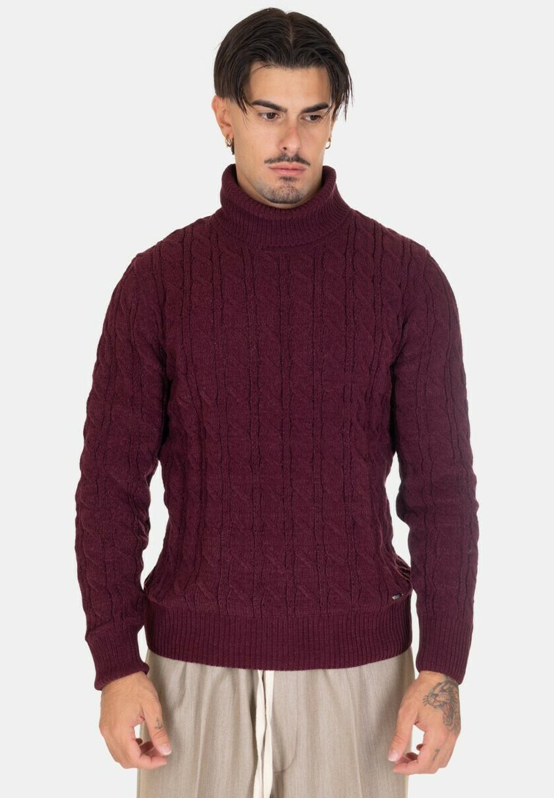 Maglione a collo alto in punto treccia borgogna con polsini e fondo a costine, realizzato in un tessuto misto lana testurizzato, che presenta una silhouette classica e aderente.