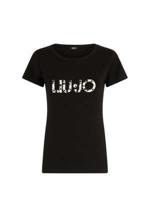 T-shirt nera a maniche corte in cotone, con logo "LIU·JO" bianco e un motivo circolare sul petto, col collo rotondo.