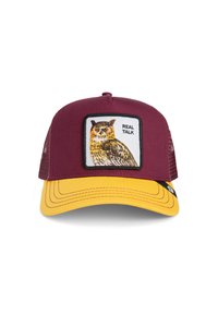 Maroon trucker cap with yellow brim, featuring an embroidered owl patch labeled "REAL TALK" on a white background.