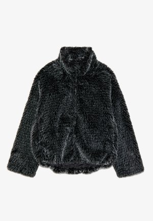 Black faux fur jacket with long sleeves, high collar, and slightly gathered hem, displayed flat on a white background.