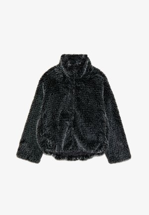 Black faux fur jacket with long sleeves, high collar, and slightly gathered hem, displayed flat on a white background.