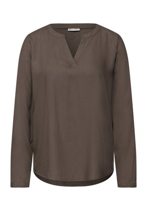 Bruine blouse met lange mouwen en een V-hals. Gemaakt van een gladde stof, met een ontspannen pasvorm en een afgeronde zoom. Geen patronen of decoratieve accenten.