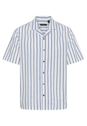 Košile s krátkým rukávem v bílé barvě s modrými vertikálními pruhy. Vyrobena z lehké látky s výstřihovým límečkem a hnědými knoflíky.