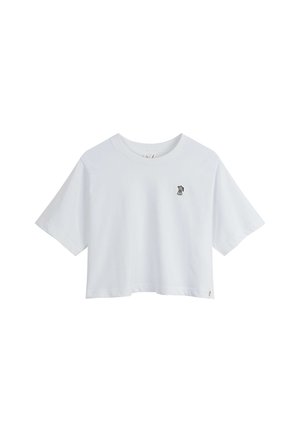 Weißes Kurzarm-T-Shirt aus Baumwolle mit Rundhalsausschnitt. Kleines schwarzes Logo auf der linken Brustseite aufgedruckt.