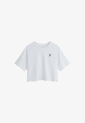 Witte cropped t-shirt gemaakt van katoen, met korte mouwen en een ronde halslijn. Klein zwart logo gedrukt op de linker borst.