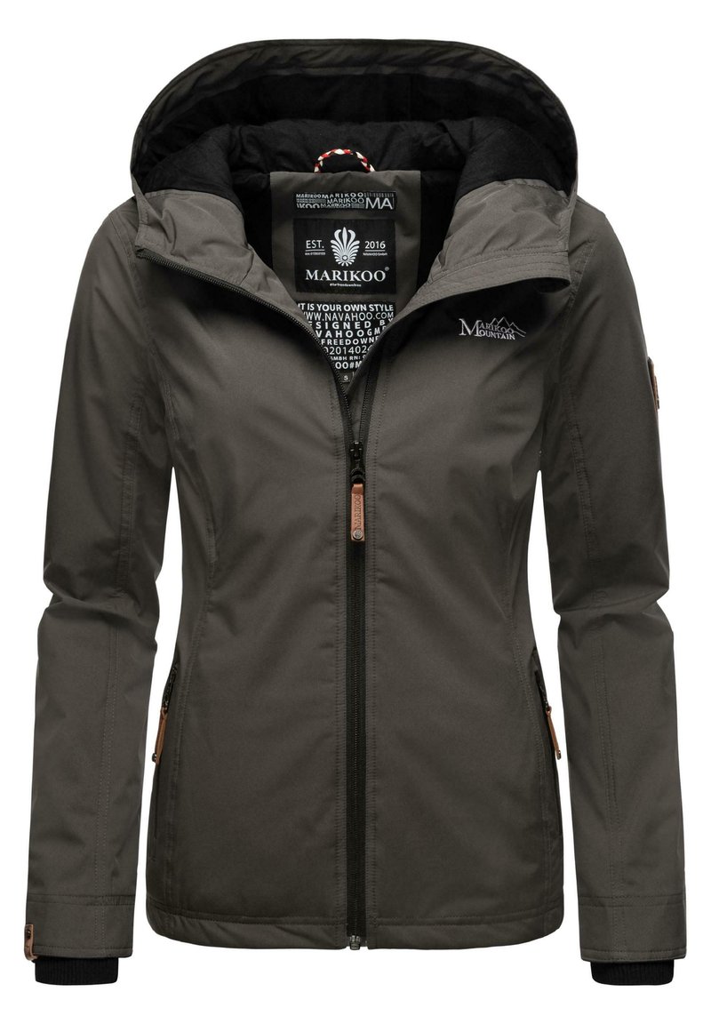 Dark gray waterproof jacket with a hood, zippered front, and side pockets. Features contrast stitching and a textured interior lining.