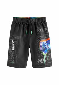 Schwarze Badeshorts mit grafischem Druck, der einen Spiel-Controller, Rastermuster und Texte wie "GAME OVER" und "LOADING PROGRESS" zeigt. Mit Kordelzugverschluss.