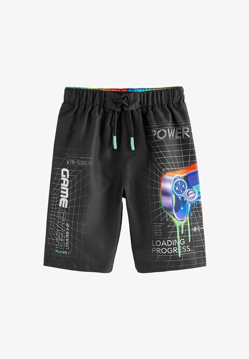 Speedo neri con stampa grafica che presenta un controller di gioco, motivi a griglia e testi come "GAME OVER" e "LOADING PROGRESS". Chiusura con coulisse.