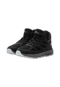 Zwarte wandelschoenen met meshpanelen, gestructureerde synthetische bovenkant, rubberen zool en grijze accenten. Voorzien van zwarte veters en gevoerde enkelsteun.