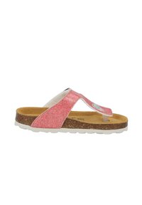 Pink glitter flip-flop sandal with cork footbed and white rubber sole, featuring a clear plastic strap and round button detail.