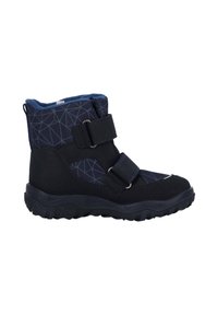 Stivali alla caviglia neri e blu navy con tessuto a motivo geometrico, due cinghie in Velcro e suola in gomma texture per una buona aderenza. Fodera interna morbida.