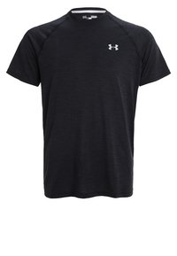 Černé tričko s krátkými rukávy z lehké, texturované látky. Má kulatý výstřih a malý stříbrný logotyp na levé straně hrudi.