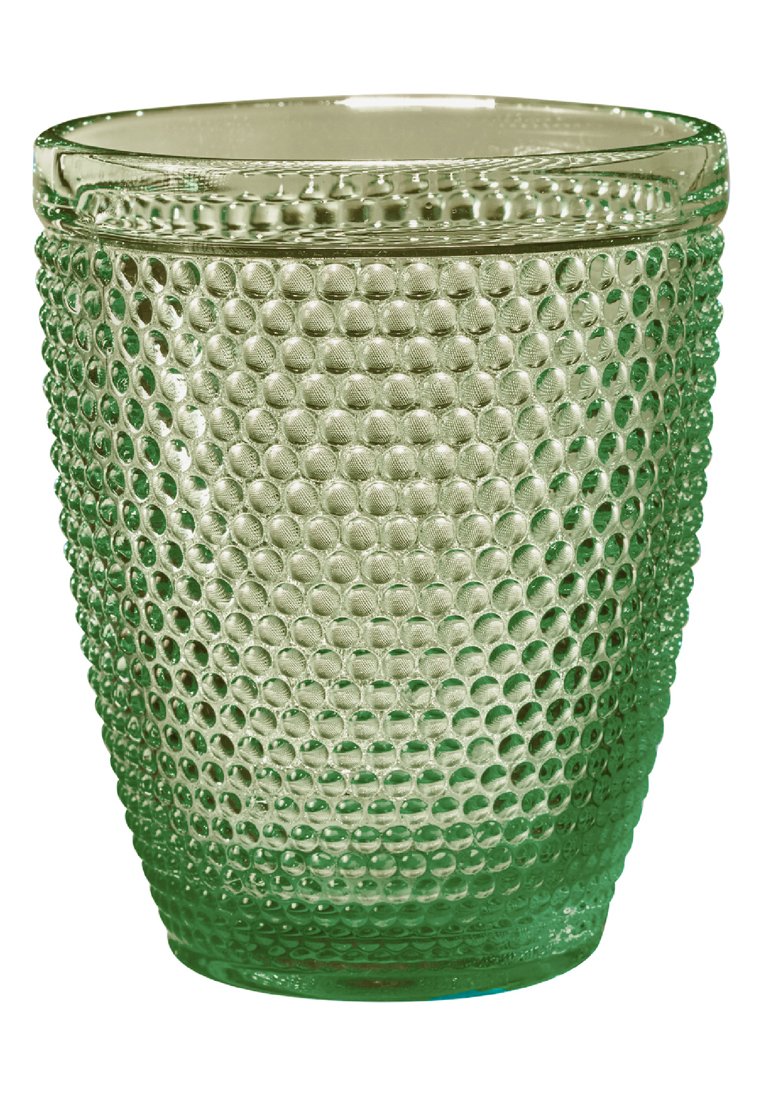 Bicchiere in vetro texture traslucido verde, caratterizzato da un motivo a punti in rilievo e un design leggermente conico. Bordo liscio e base robusta.