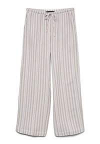 Pantalons larges à rayures, légers, en tissu doux et respirant. Dotés d'une taille élastique et d'un cordon de serrage. Disponible en beige doux et en blanc.