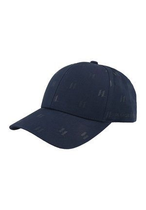 Mørk marineblå baseballcap med subtilt tonet monogrammønster og buet skygge, lavet af stof.