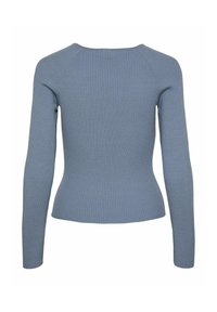 Haut bleu à manches longues côtelé avec une silhouette ajustée. Le tissu présente des rayures verticales et un col rond.