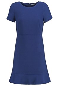 Robe bleue à manches courtes avec encolure ronde, taille cintrée, fermeture éclair au dos et détail à l'ourlet évasé.
