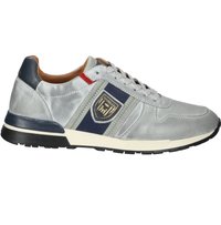 Gray leather sneaker with navy accents, featuring a logo patch, red detailing, and a textured sole. Rounded shape and lace-up design.