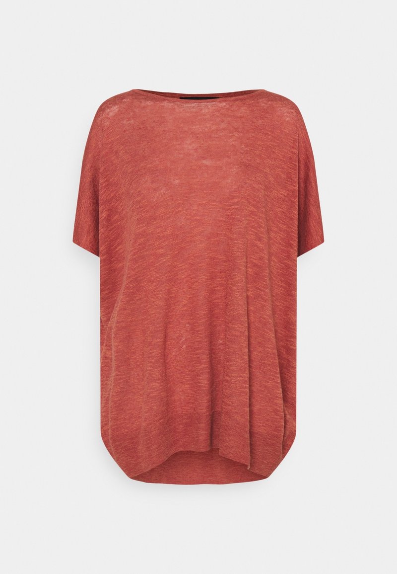 Red, short-sleeve top with a relaxed fit, made from lightweight, textured fabric. Rounded neckline and slightly curved hem.
