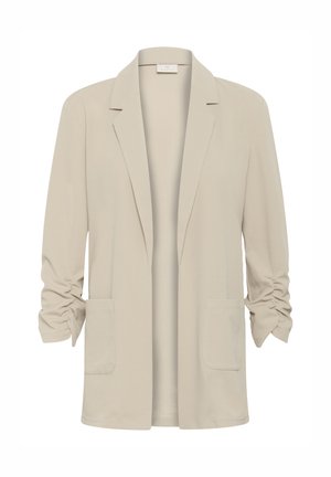 Blazer beige clair à ouverture avant, manches longues froncées, deux poches plaquées à l'avant, col tailleur, sans boutons.