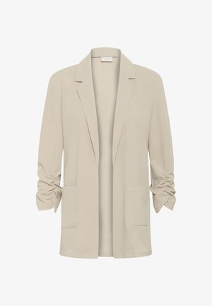 Blazer beige clair à ouverture avant, manches longues froncées, deux poches plaquées à l'avant, col tailleur, sans boutons.