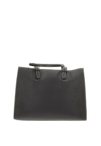 Borsa in pelle nera con un'esterno testurizzato, forma rettangolare, manico superiore e dettagli di cucitura bianca in contrasto.