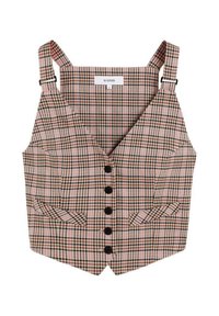 Chaleco a cuadros en tonos de rosa, marrón y verde. Presenta tirantes anchos, seis botones negros y dos bolsillos frontales. Diseño entallado, sin cuello.