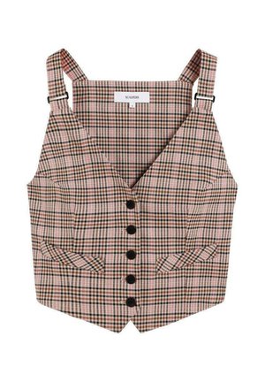 Gilet à carreaux dans des teintes de rose, marron et vert. Comprend des bretelles larges, six boutons noirs et deux poches avant. Design ajusté, sans col.