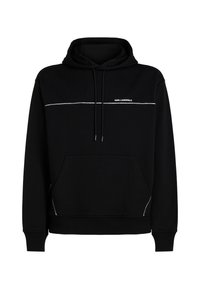 Hoodie noir avec un cordon de serrage, poche avant et un accent horizontal blanc. Porte un logo sur la zone de la poitrine dans un design minimaliste.