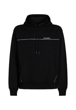 Black hoodie with a drawstring, front pocket, and a horizontal white accent. Features a logo on the chest area in a minimalistic design.