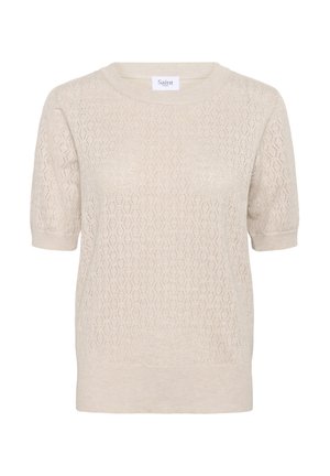 Short-sleeve cream knitted sweater featuring a honeycomb pattern, round neckline, and soft, textured fabric. Brand label visible at neck.