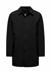 Cappotto nero realizzato in tessuto liscio, con taglio dritto, colletto e tasche laterali. Il design presenta uno stile pulito e minimalista.