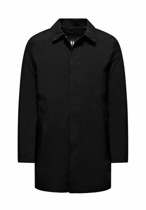 Cappotto nero realizzato in tessuto liscio, con taglio dritto, colletto e tasche laterali. Il design presenta uno stile pulito e minimalista.