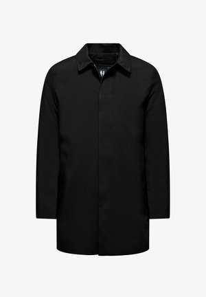 Cappotto nero realizzato in tessuto liscio, con taglio dritto, colletto e tasche laterali. Il design presenta uno stile pulito e minimalista.