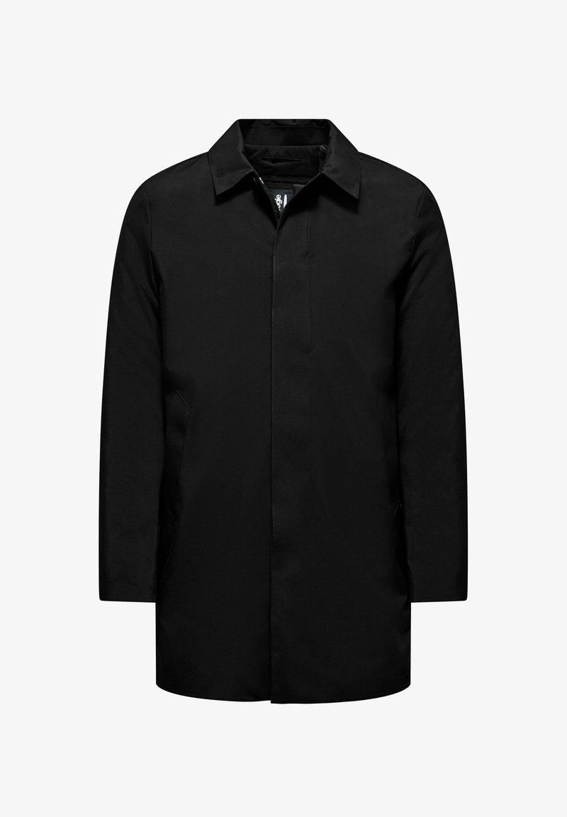 Zwarte jas van gladde stof met een rechte snit, kraag en zijzakken. Het ontwerp heeft een schone, minimalistische stijl.