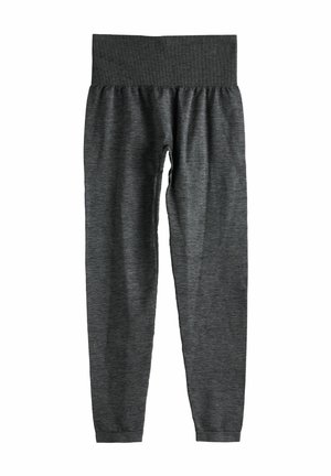 Sivé legíny so širokým elastickým pásom. Vyrobené z mäkkej, elastickej tkaniny s jemnou melírovanou textúrou. Priliehavý strih po celej dĺžke.