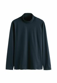 Tumšs jūras zils garām piedurknēm turtlenecks, izgatavots no gludas, elastīgas auduma. Īpašības ietver pieguļošu dizainu ar augstu apkakli un vienkāršu apakšmalu.