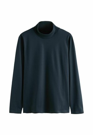 Tmavomodrý dlhý rukáv turtleneck vyrobený z hladkej, elastickej tkaniny. Vyznačuje sa priliehavým strihom s vysokým golierom a jednoduchým lemom.
