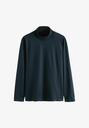 Tmavě modrá dlouhá turtleneck s dlouhým rukávem vyrobená z hladké elastické látky. Má přiléhavý střih, vysoký límec a jednoduchý lem.