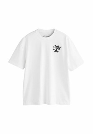 White cotton t-shirt featuring a black graphic of a cartoon character on a skateboard. Short sleeves and a round neckline.