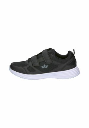 Black athletic shoe with mesh and synthetic upper, two hook-and-loop straps, padded collar, and a white rubber sole with textured tread.