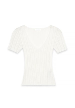 Valge kudumisega lühikeste varrukatega topp sügava V-dekoltee ja vertikaalse ribakonstruktsiooniga, mille servad on lainelised. Sobiva lõikega pehme kangas.