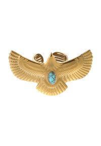 Bague en forme d'aigle ton argenté avec des motifs de plumes détaillés et une pierre turquoise centrale. Dotée d'un design de bande ouverte pour plus d'ajustabilité.