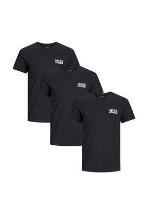 Tre t-shirt nere con scollo rotondo e maniche corte, ciascuna con il logo bianco "JACK & JONES" sul lato sinistro superiore del petto.