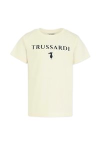 Koszulka z bawełny w kolorze kremowym z czarnym logo "TRUSSARDI" i stylizowaną grafiką. Klasyczny okrągły dekolt i krótki rękaw.