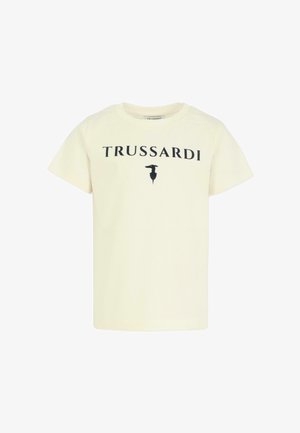 Koszulka z bawełny w kolorze kremowym z czarnym logo "TRUSSARDI" i stylizowaną grafiką. Klasyczny okrągły dekolt i krótki rękaw.