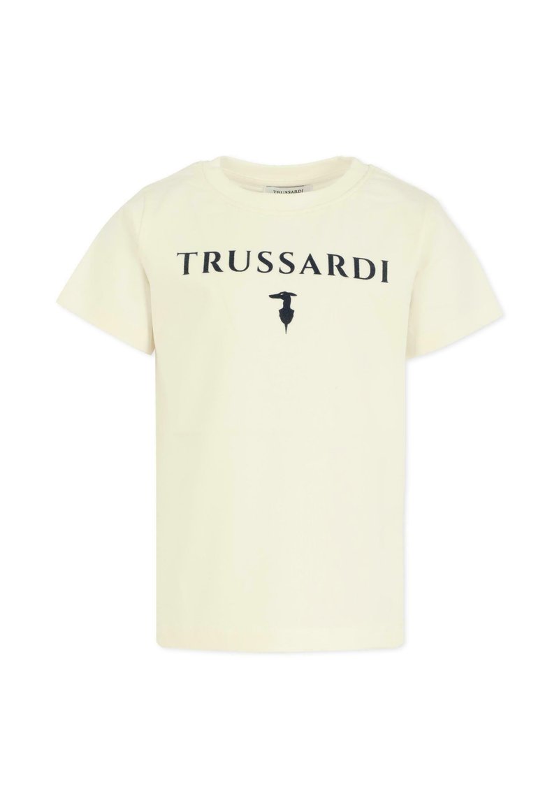 Koszulka z bawełny w kolorze kremowym z czarnym logo "TRUSSARDI" i stylizowaną grafiką. Klasyczny okrągły dekolt i krótki rękaw.