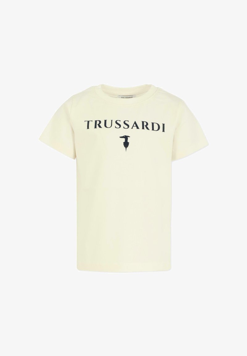 Koszulka z bawełny w kolorze kremowym z czarnym logo "TRUSSARDI" i stylizowaną grafiką. Klasyczny okrągły dekolt i krótki rękaw.